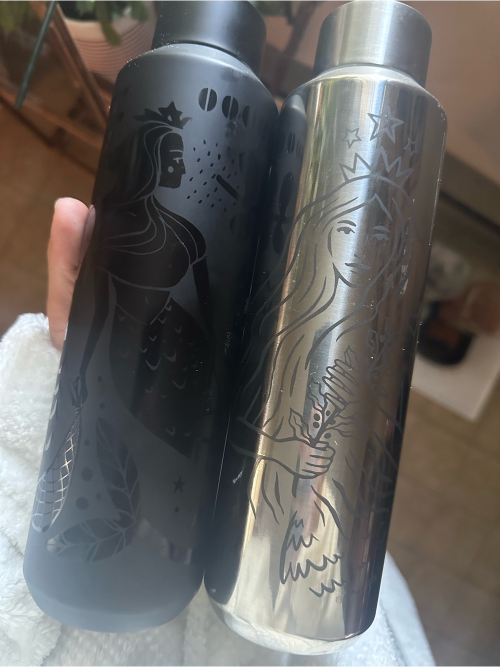 Set of Two Illustrated Stainless Steel Water Bottles - Black & Silver